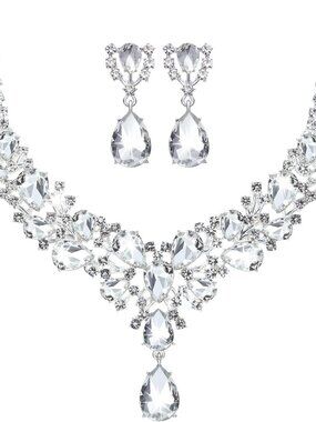 Bridal Teardrop Cluster Crystal Jewelry Set for Women Necklace Earrings Wedding